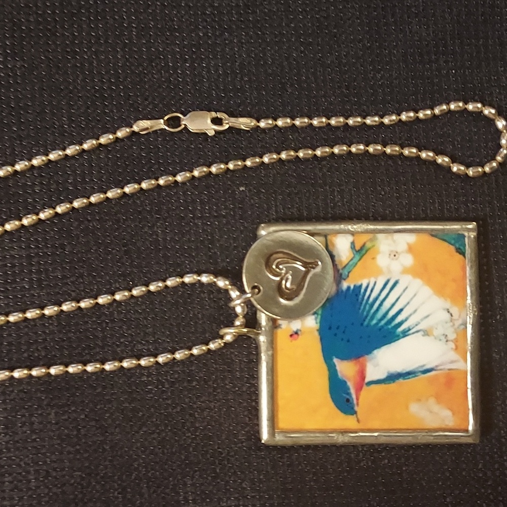 Tile Pendant Charm Neckace with silver ball chain reversible bird owl design